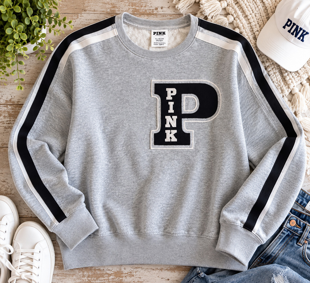 Victoria's Secret PINK Ivy Fleece Varsity Crewneck Sweatshirt Gray XL